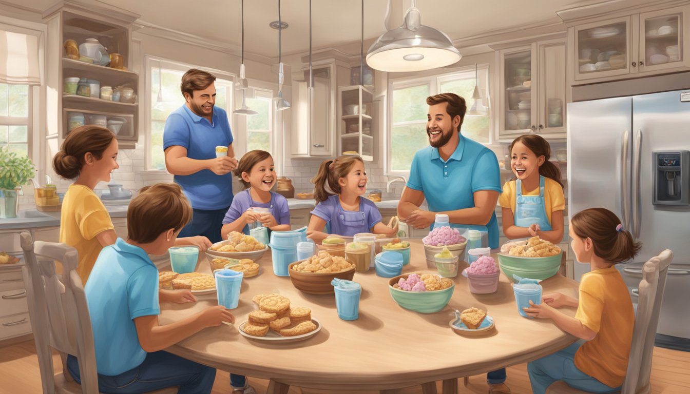 A bustling Texas kitchen with a table filled with Blue Bell ice cream and families enjoying the sweet treat together