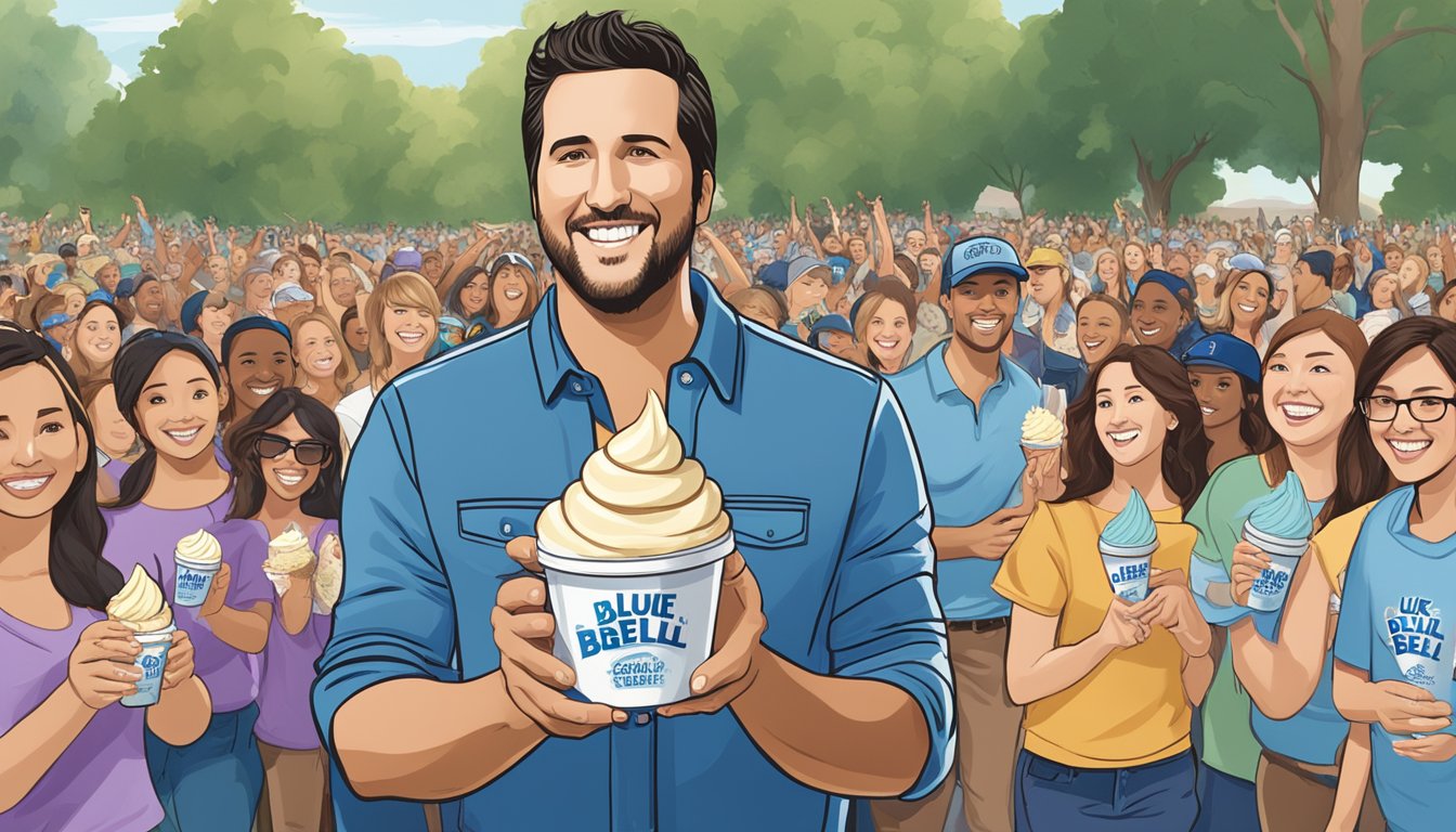 A group of enthusiastic fans holding Blue Bell ice cream containers, with a celebrity poster of Luke Bryan in the background