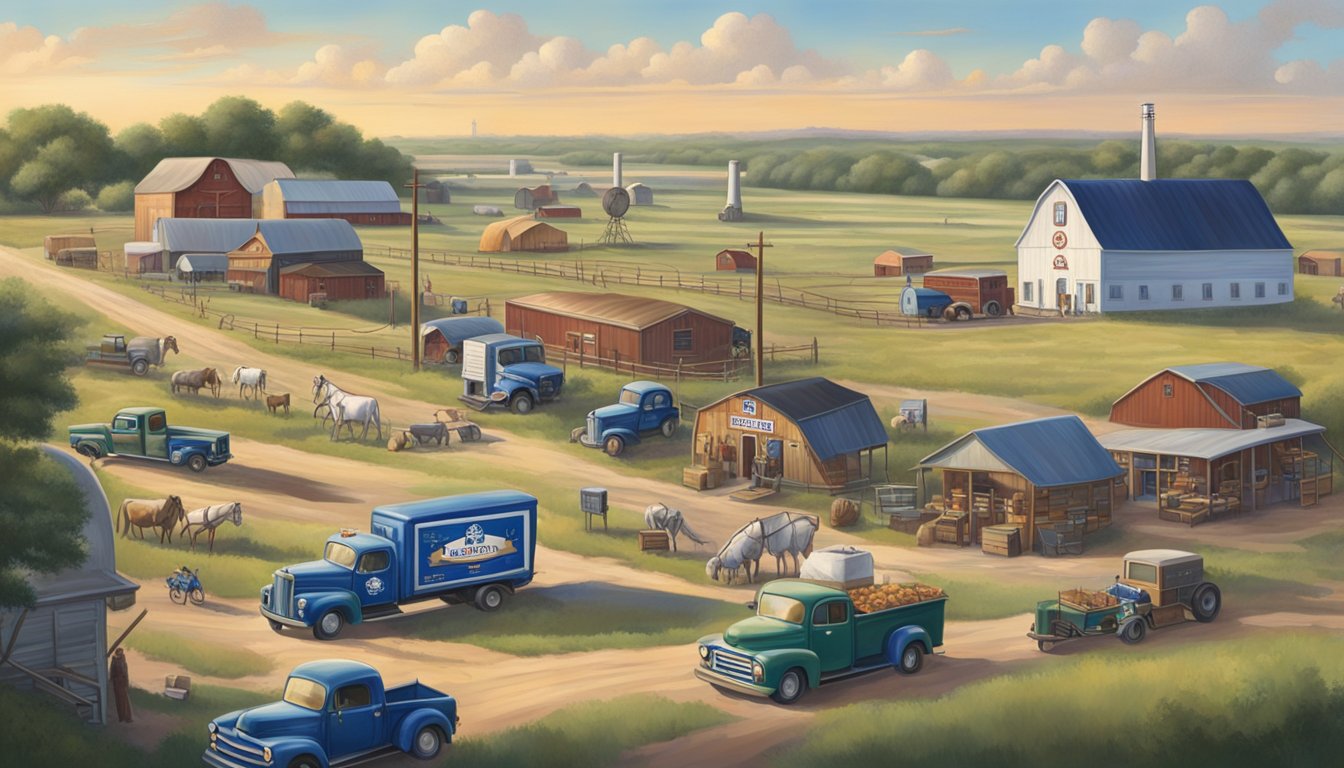 A bustling Texas town with a prominent Blue Bell Creameries factory, surrounded by fields and farms. The iconic Blue Bell logo adorns billboards and delivery trucks, symbolizing its influence on Texas culture