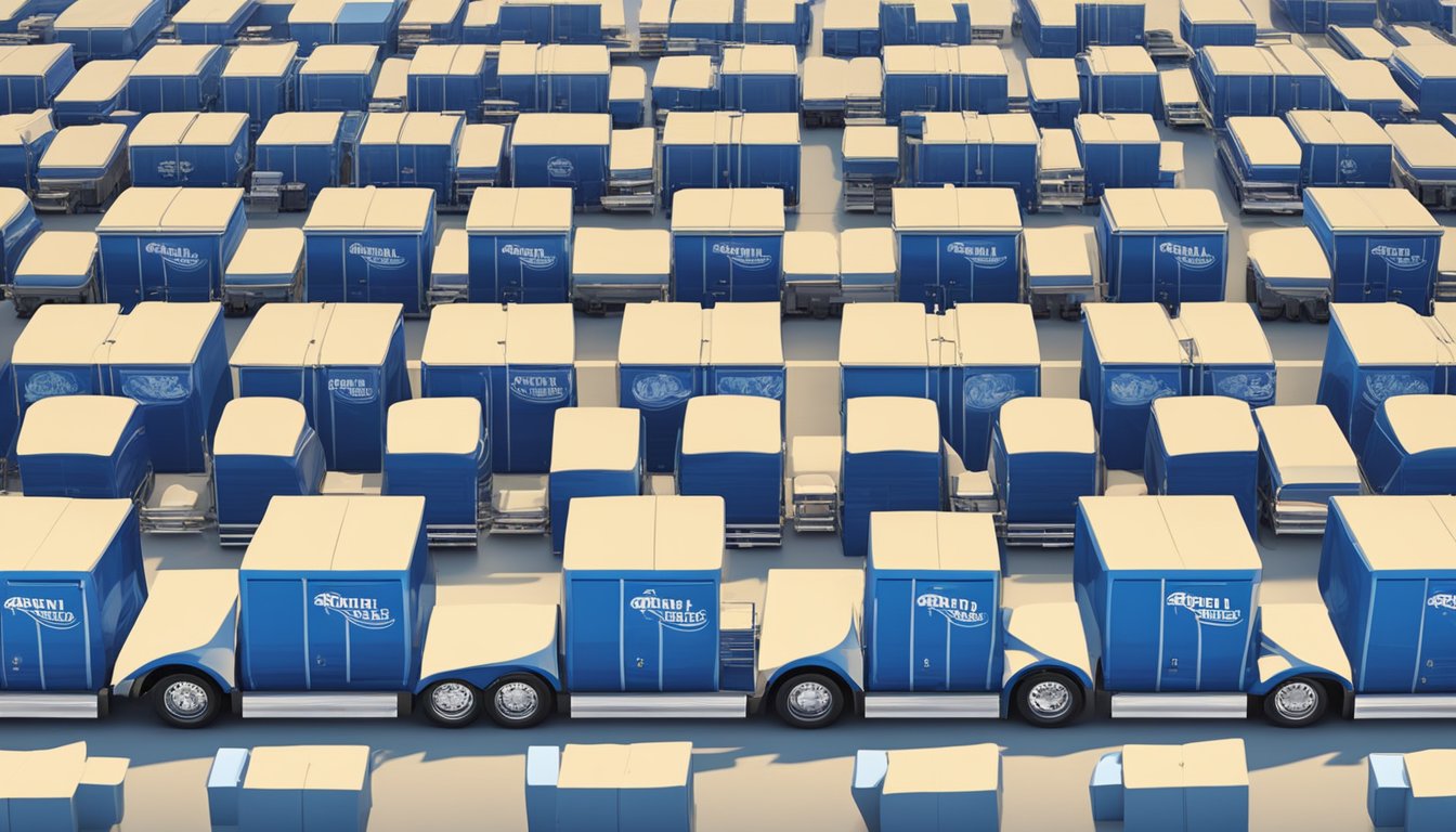 A fleet of Blue Bell trucks in the iconic blue color, resembling the company's famous ice cream packaging, parked in a row at the distribution center