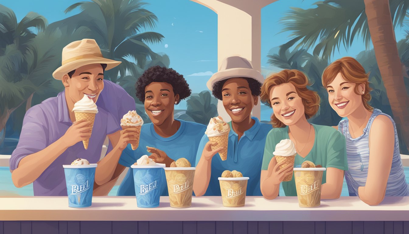 A group of celebrities enjoying Blue Bell ice cream in various settings, such as at home, on a beach, or at a concert