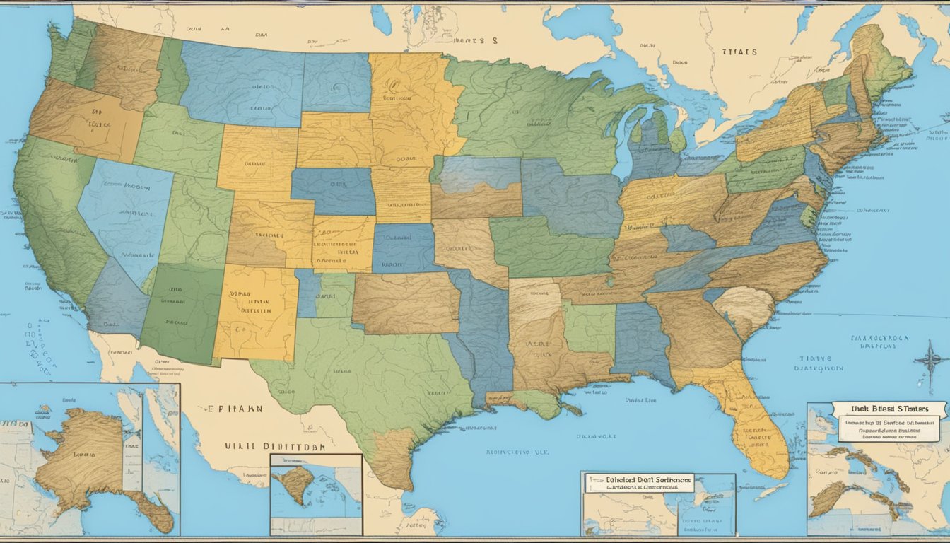 A map of the United States with 22 highlighted states. Surrounding the map are 15 historical images related to Blue Bell's history