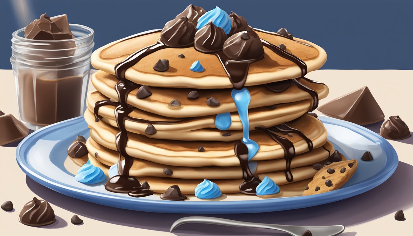 A stack of fluffy chocolate chip cookie dough pancakes topped with a scoop of Blue Bell ice cream, drizzled with syrup and sprinkled with mini chocolate chips