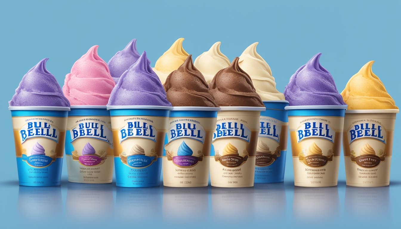 A colorful display of six Blue Bell ice cream flavors arranged in a vibrant and enticing manner