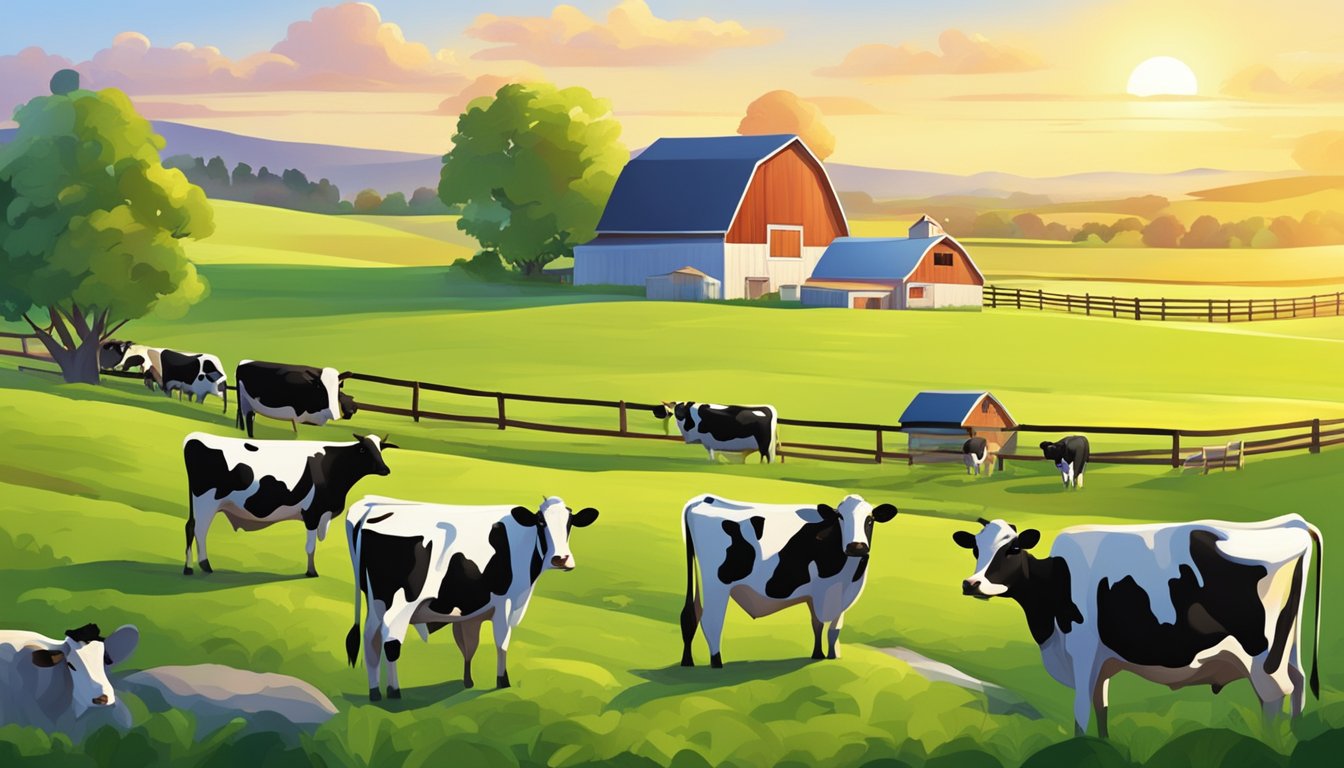 A serene dairy farm at sunrise, with lush green pastures and contented cows grazing, surrounded by fields of fresh, high-quality ingredients