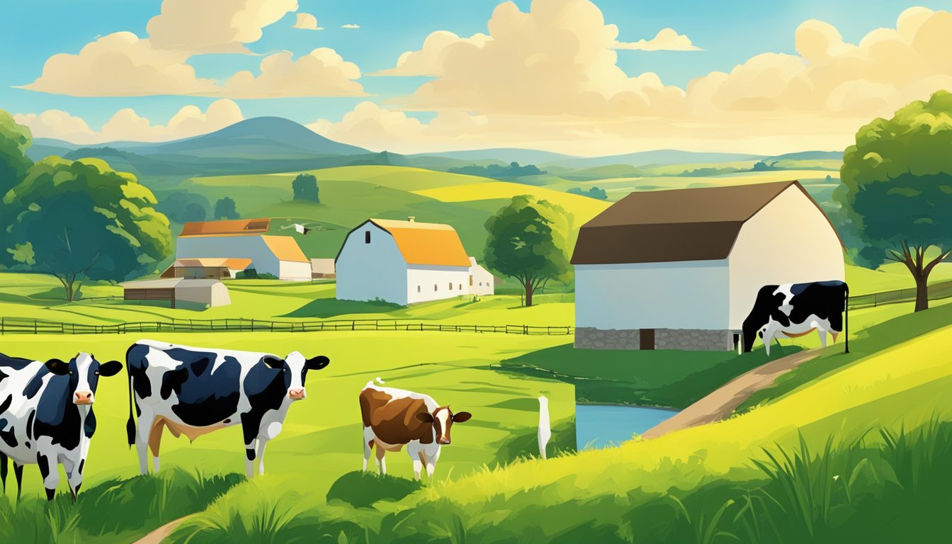 A serene dairy farm with lush green pastures and contented cows grazing under a bright blue sky