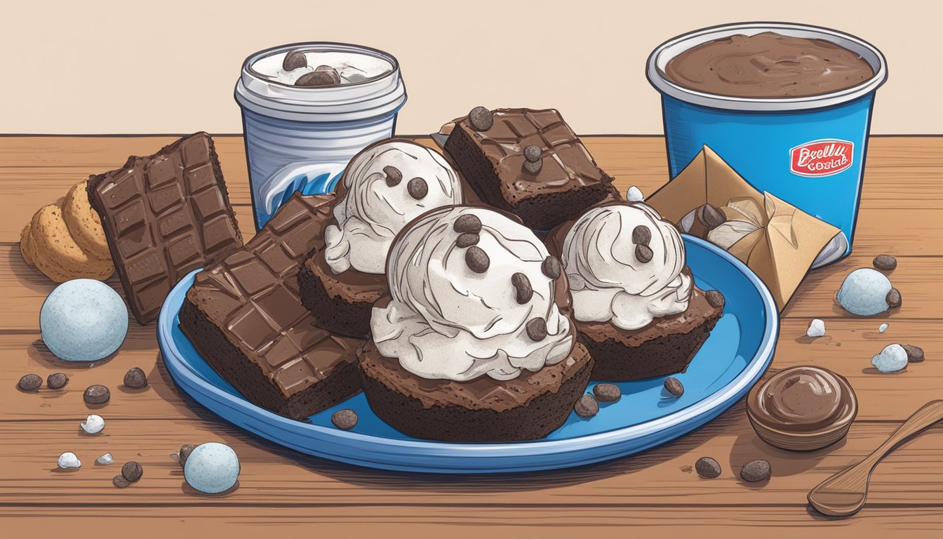 A plate of brownies topped with cookies 'n cream ice cream, surrounded by ingredients and a Blue Bell ice cream carton