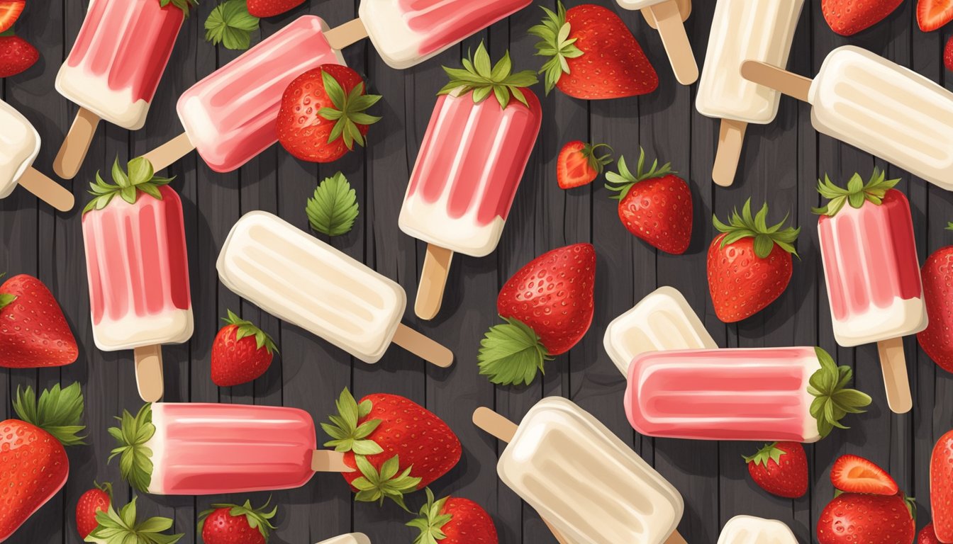 A colorful array of homemade strawberries and cream popsicles arranged on a rustic wooden table, surrounded by fresh strawberries and cream