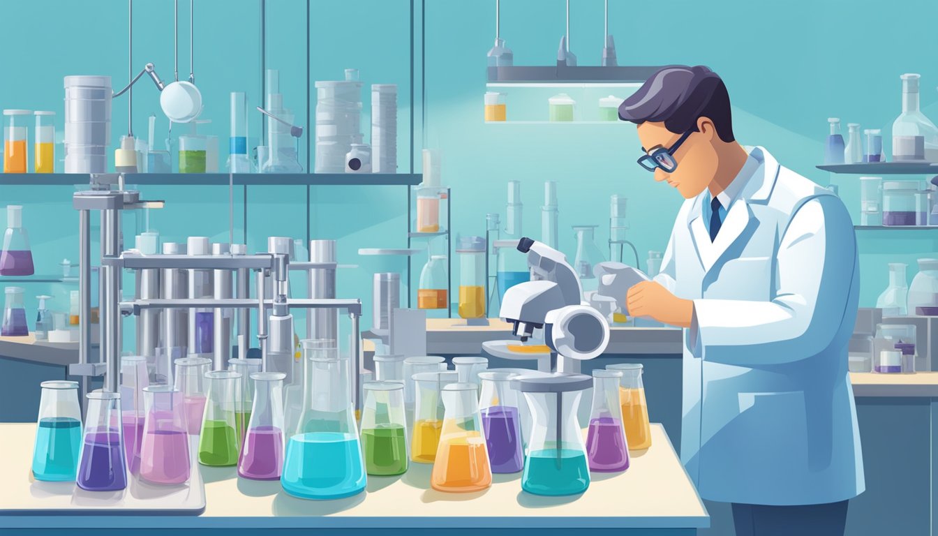 A laboratory setting with various equipment and instruments, including beakers, test tubes, and microscopes. A technician carefully examines samples of Blue Bell ice cream for quality control testing