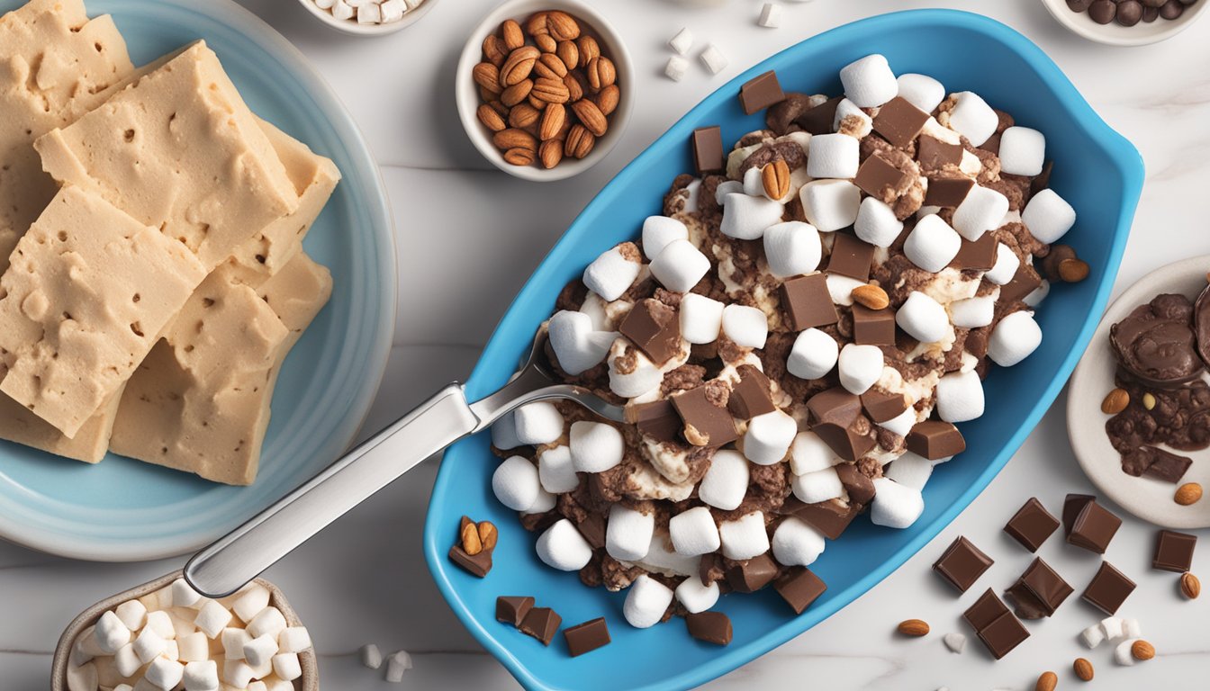 A scoop of Blue Bell Rocky Road fudge ice cream surrounded by ingredients like marshmallows, nuts, and chocolate chips, with a recipe book open nearby