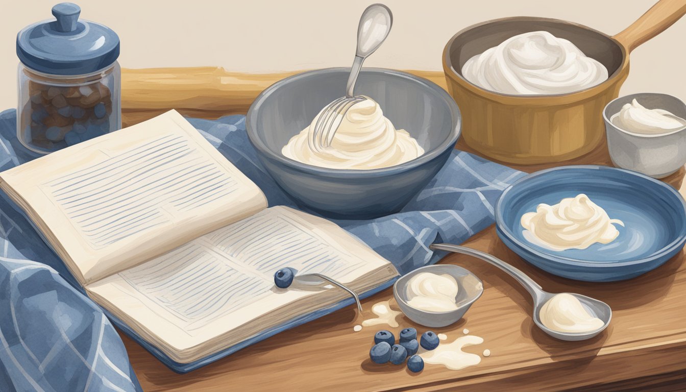 A vintage kitchen with a marble countertop, a wooden recipe book open to a page titled "Blue Bell's Creamy Texture," and a carton of fresh cream next to a whisk and mixing bowl