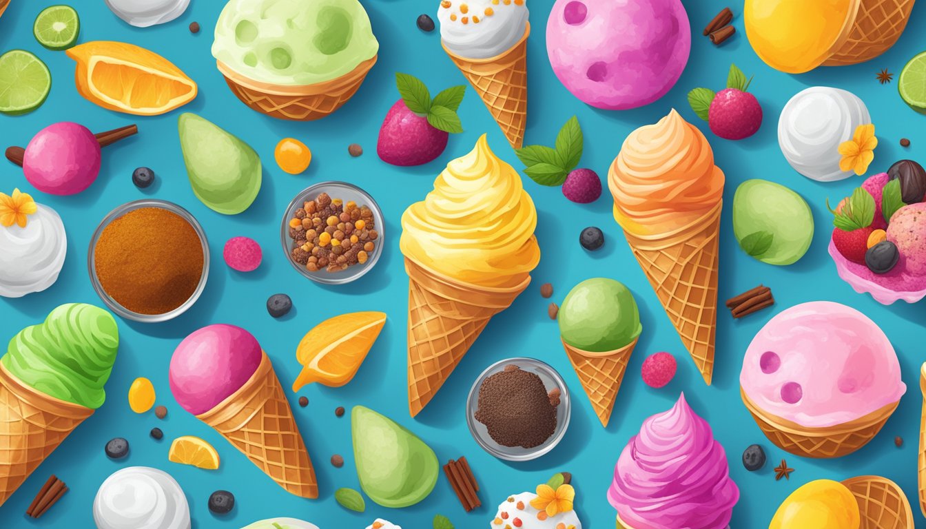 A colorful array of ice cream scoops arranged in a circular pattern, each representing a different flavor profile, surrounded by vibrant ingredients and spices