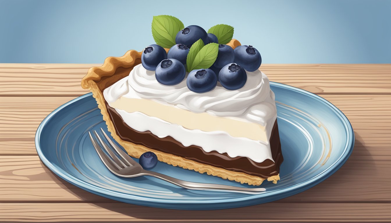 A slice of Blue Bell-inspired French Silk Pie on a rustic wooden table, surrounded by fresh blueberries and a dollop of whipped cream