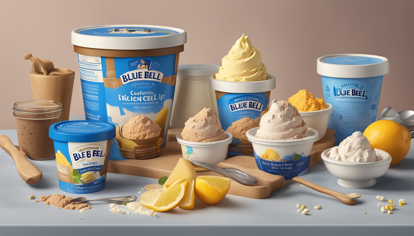 A colorful array of ingredients and kitchen utensils surrounding a carton of Blue Bell ice cream, with recipe cards scattered around