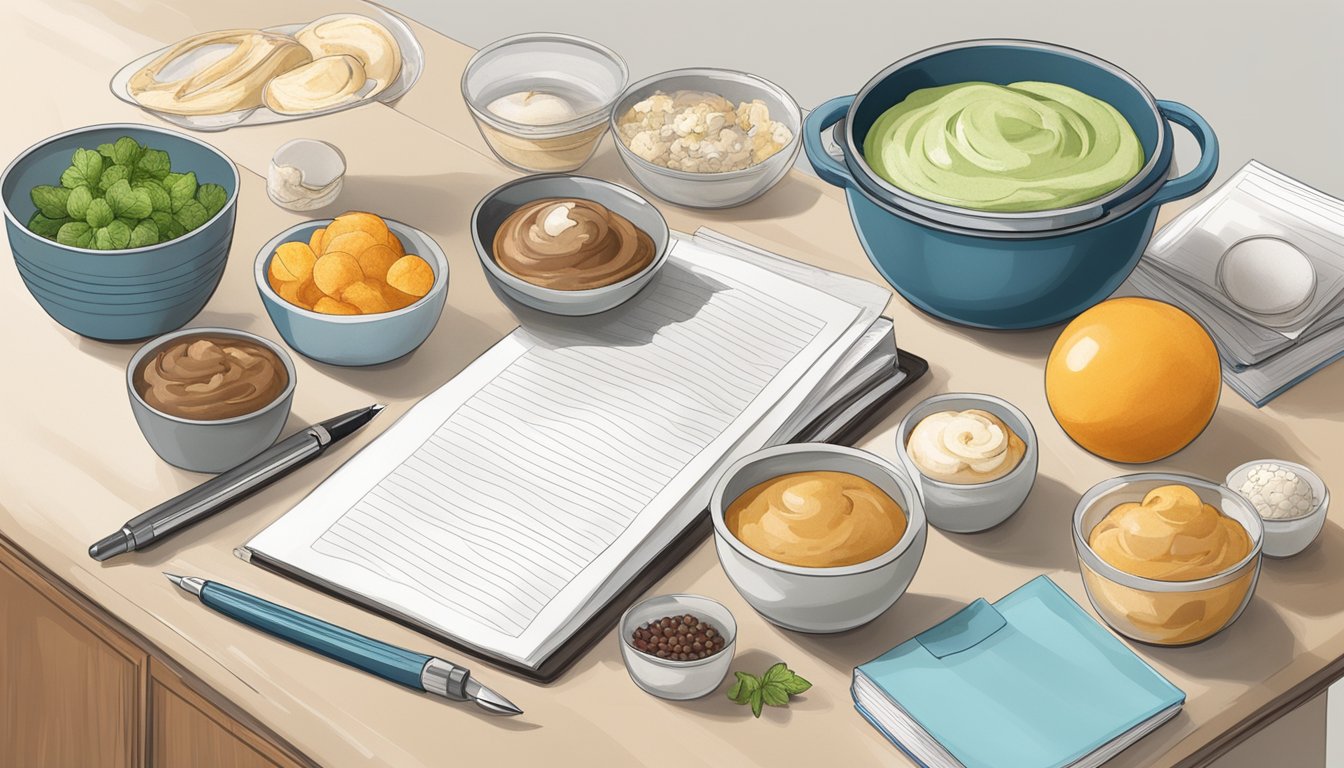 A kitchen counter with various ingredients, cookware, and recipe books spread out. A bowl of ice cream with toppings sits next to a notepad and pen