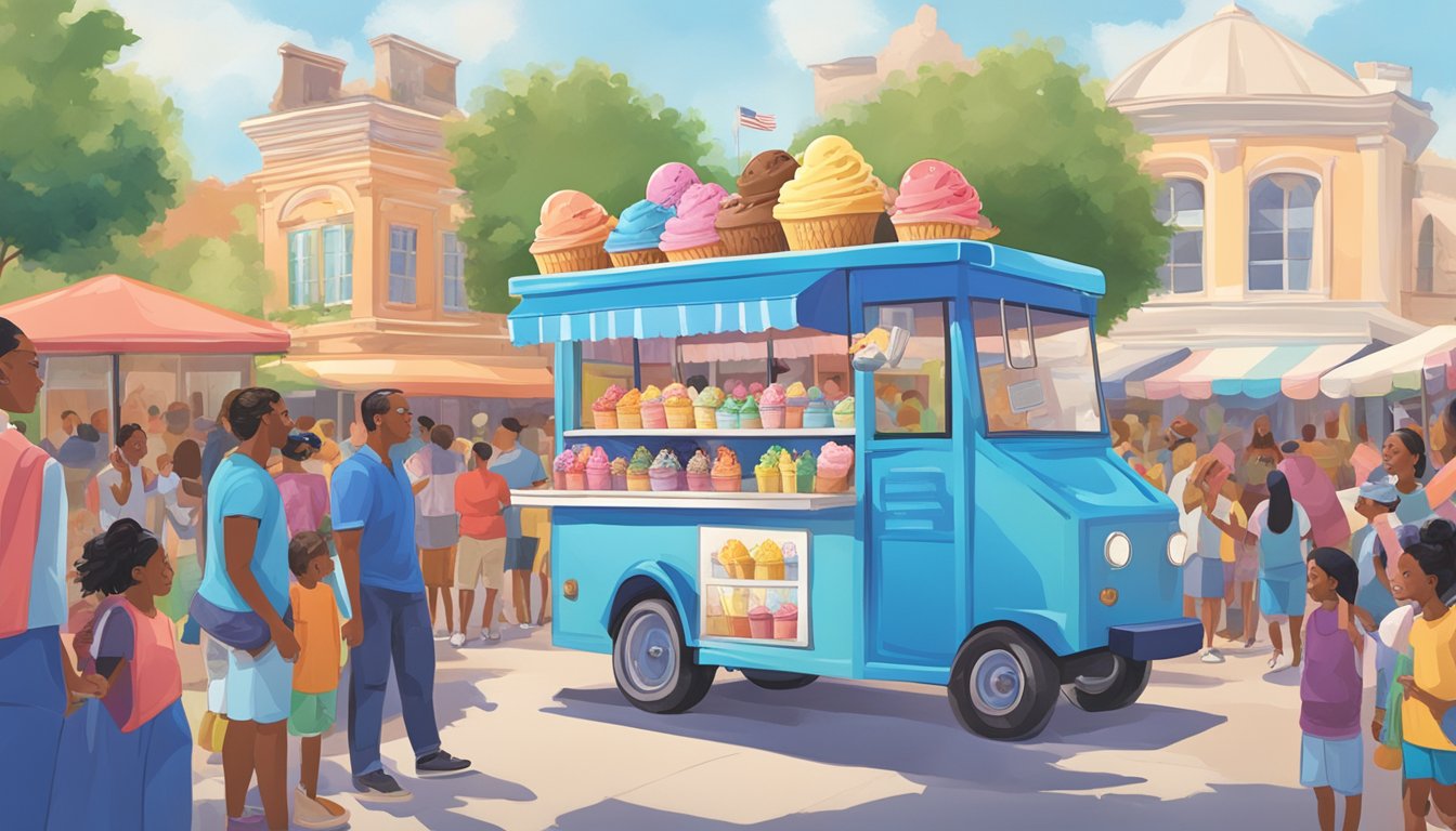 A colorful ice cream cart with five distinct Blue Bell flavors displayed, surrounded by a crowd of Texans debating their favorite