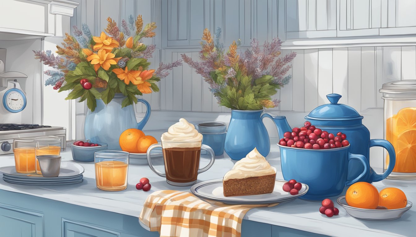 A cozy kitchen with a steaming mug of cranberry orange spice tea surrounded by seasonal decor and a stack of Blue Bell ice cream containers