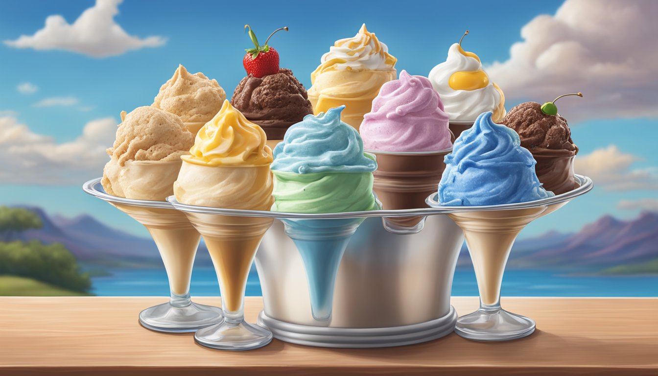 A colorful Dairy Queen sundae surrounded by five distinct Blue Bell ice cream flavors in a divided Texas landscape