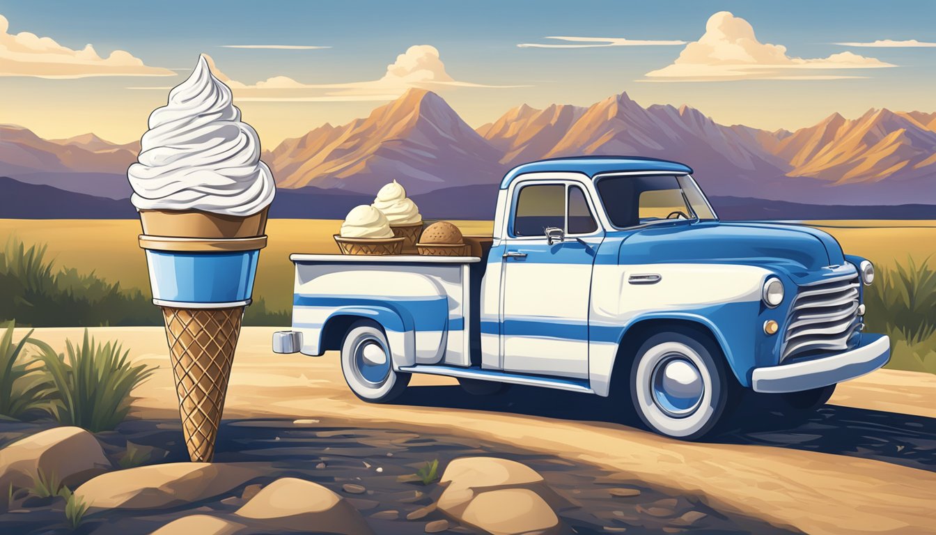 A classic blue and white ice cream cone with a scoop of vanilla ice cream, set against a backdrop of Texan scenery