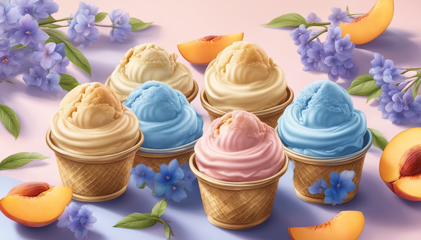 A colorful display of five Blue Bell ice cream flavors surrounded by peach and bluebell blossoms