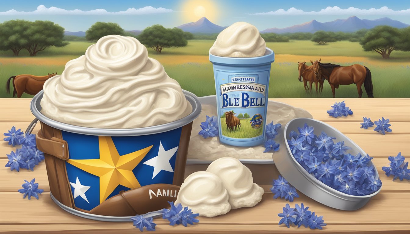 A tub of Blue Bell Homemade Vanilla ice cream surrounded by iconic Texas symbols like a lone star, cowboy hat, and bluebonnets