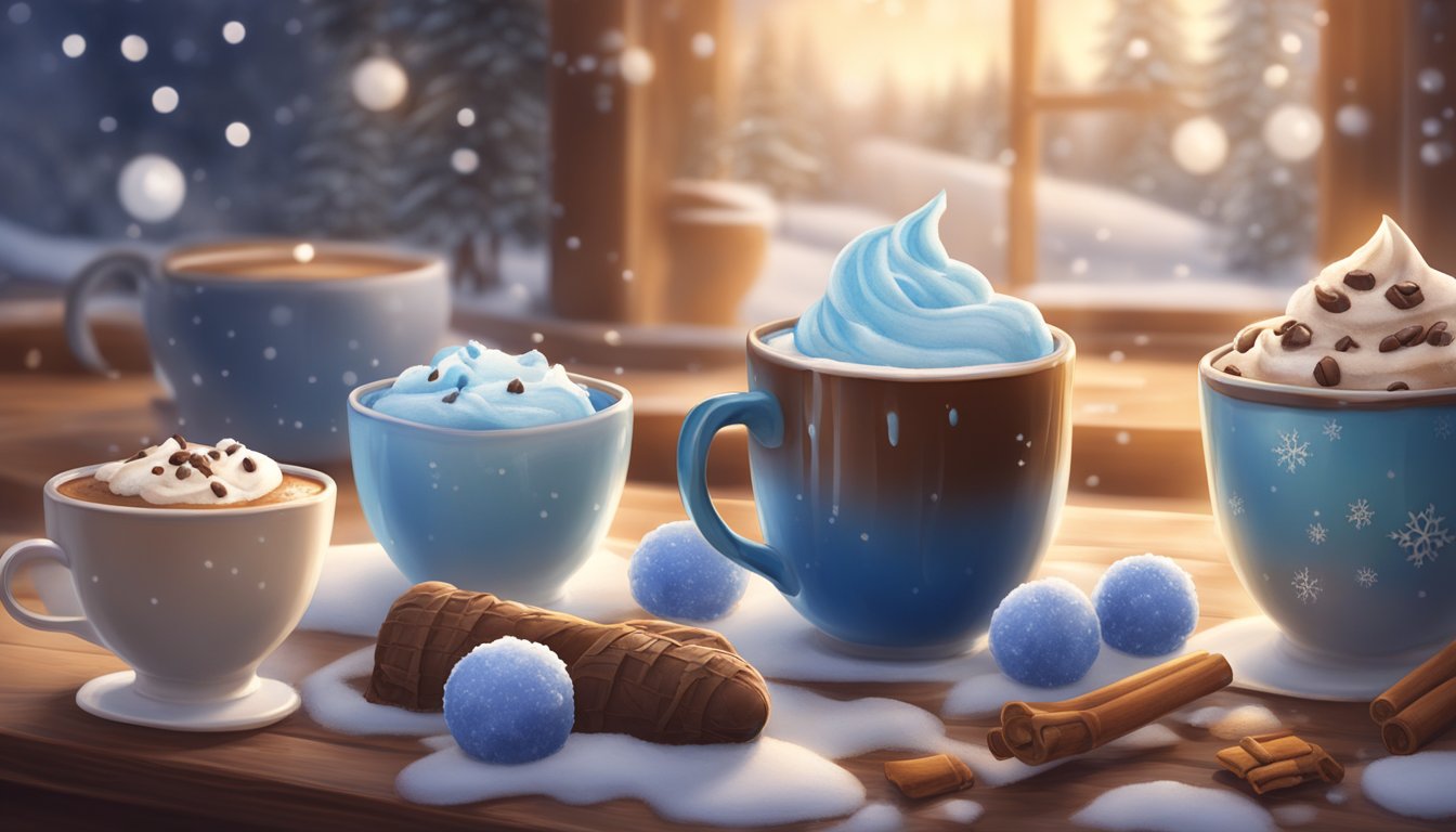 A cozy winter scene with a steaming mug of hot chocolate surrounded by various Blue Bell seasonal ice cream flavors, creating a warm and inviting atmosphere