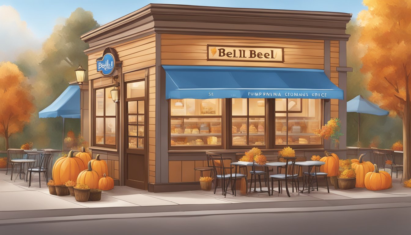 A cozy cafe with warm autumn colors, featuring a display of Blue Bell's seasonal flavors, including Pumpkin Spice ice cream