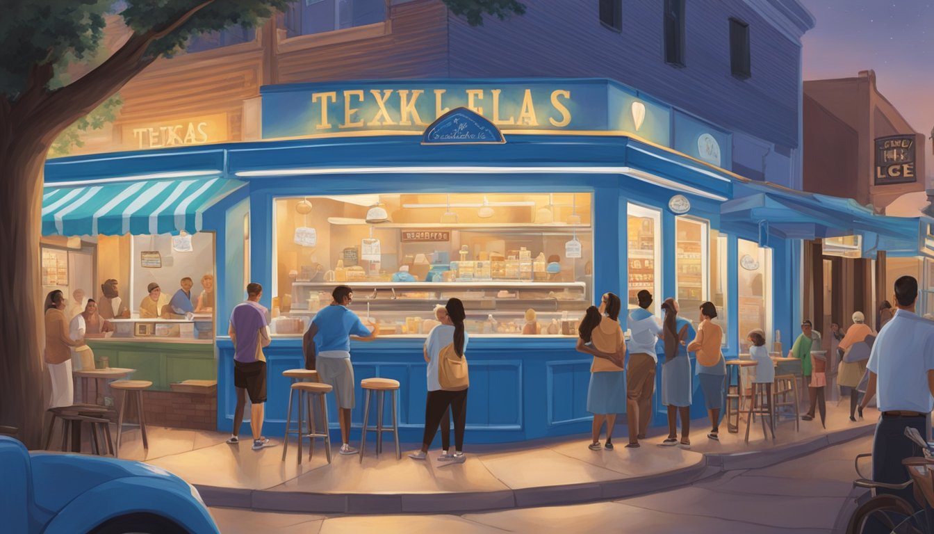 A bustling Texas ice cream shop with five distinct Blue Bell flavors on display, surrounded by passionate locals debating their cultural significance