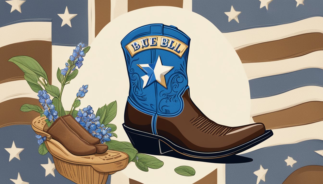 A scoop of Blue Bell Dutch Chocolate ice cream surrounded by iconic Texas symbols like cowboy boots, bluebonnets, and a lone star