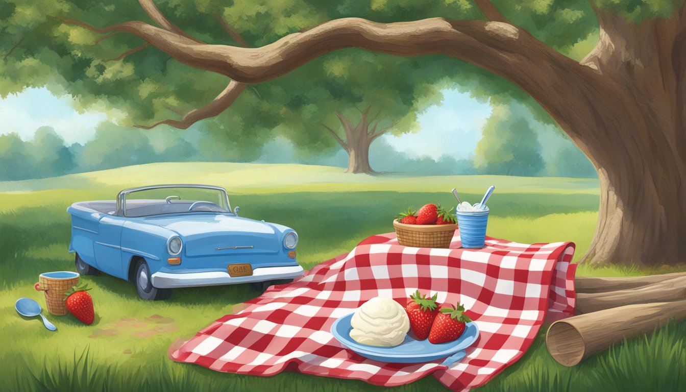 A red and white checkered picnic blanket spread out under a large oak tree, with a half-eaten tub of Blue Bell strawberry ice cream and two spoons resting on top