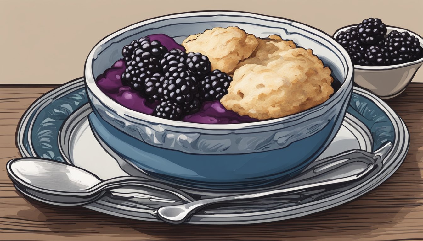 A rustic kitchen table with a freshly baked Southern blackberry cobbler, a scoop of Blue Bell ice cream, and a vintage spoon