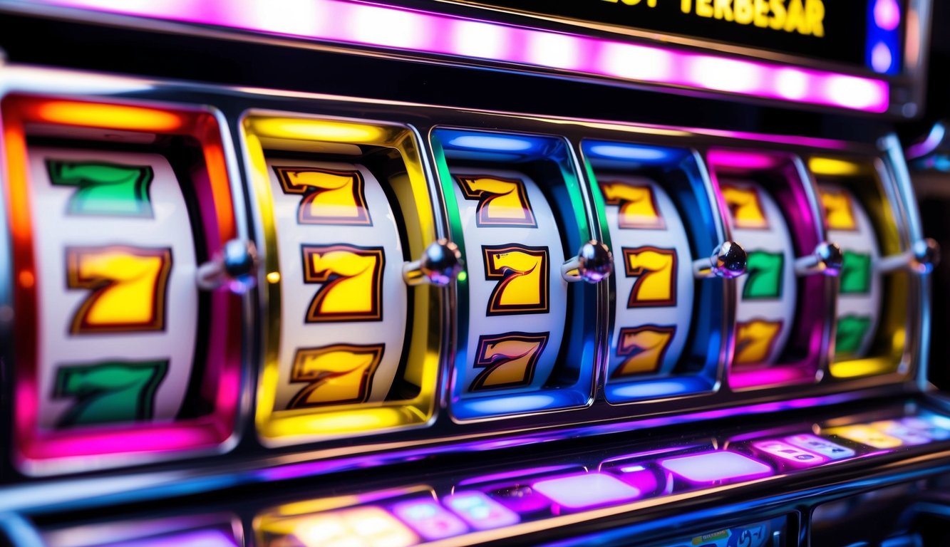 Sebuah mesin slot berwarna-warni dengan lampu berkedip dan gulungan berputar, menampilkan kata-kata "Jackpot slot terbesar" dalam huruf tebal