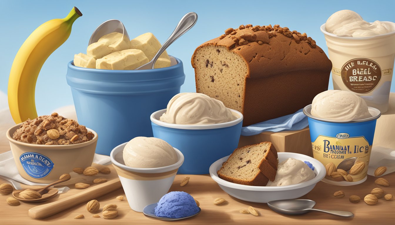 A loaf of banana nut bread surrounded by various seasonal flavors of Blue Bell ice cream, with a scoop on top