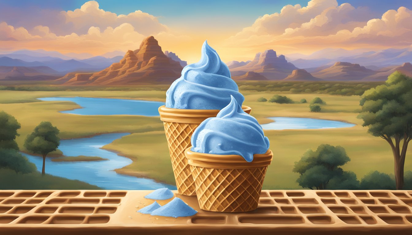 A scoop of Blue Bell Sea Salt Caramel ice cream sits on a waffle cone against a backdrop of Texas landscapes