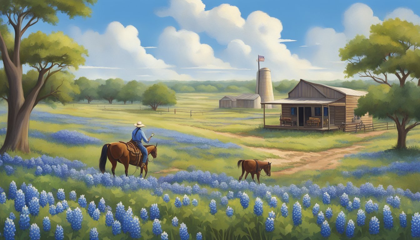 A Texas landscape with bluebonnets, cowboy boots, barbecue, and other iconic symbols of Texan culture, evoking the historical significance of Blue Bell traditions