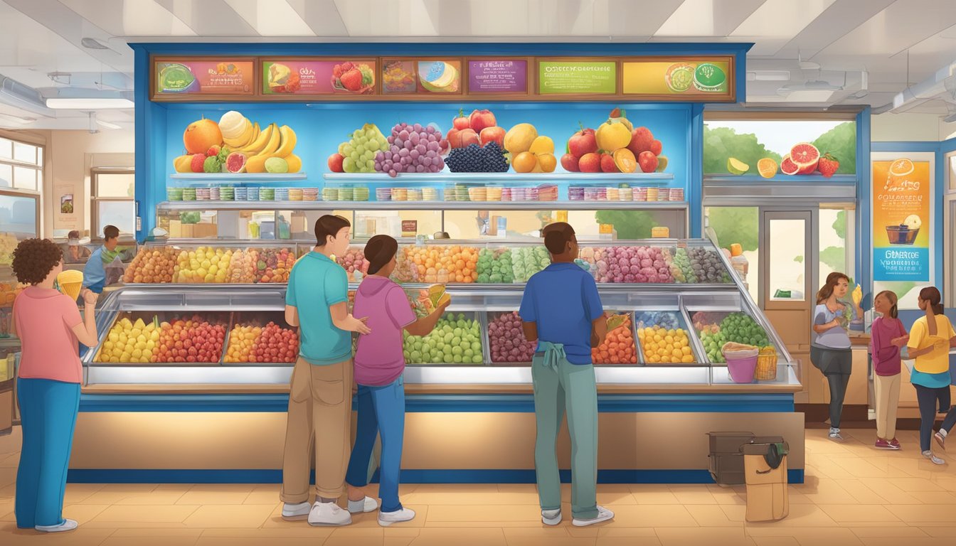 A colorful display of various seasonal fruits and ingredients, surrounded by happy customers enjoying Blue Bell's unique and delicious ice cream flavors