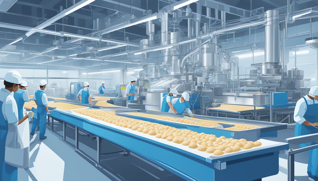 A bustling factory floor with conveyor belts, machinery, and workers assembling ice cream. Bright blue and white colors dominate the space