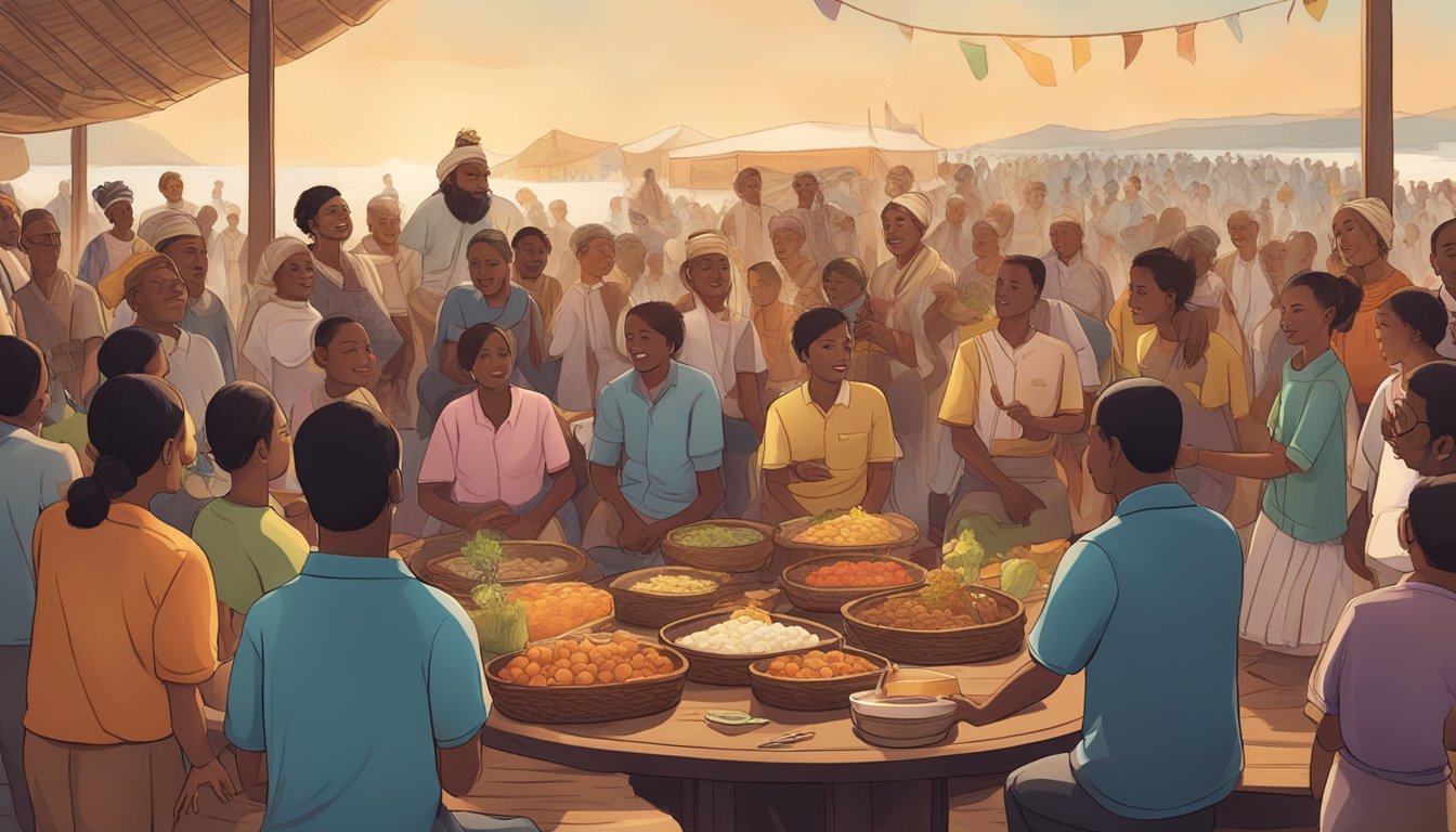 A group of people gather around a central meeting point, engaging in various traditional activities such as music, dance, and food. The scene is filled with energy and a sense of community