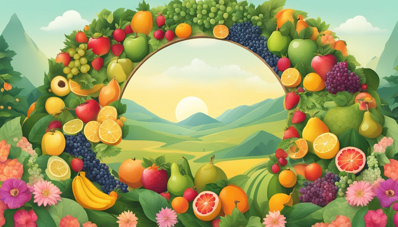 A colorful display of seasonal fruits and flowers arranged in a circular pattern, with a backdrop of changing landscapes to represent each season