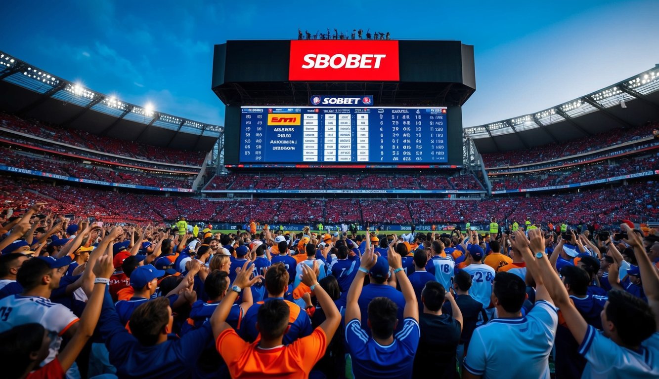 Sebuah stadion olahraga yang ramai dengan penggemar yang bersorak dan papan skor besar yang menampilkan logo Sbobet