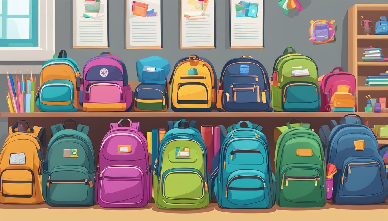 A group of colorful backpacks are stacked neatly on a table, surrounded by school supplies and smiling community members. A banner with "Back-to-School Backpack Donations" hangs in the background