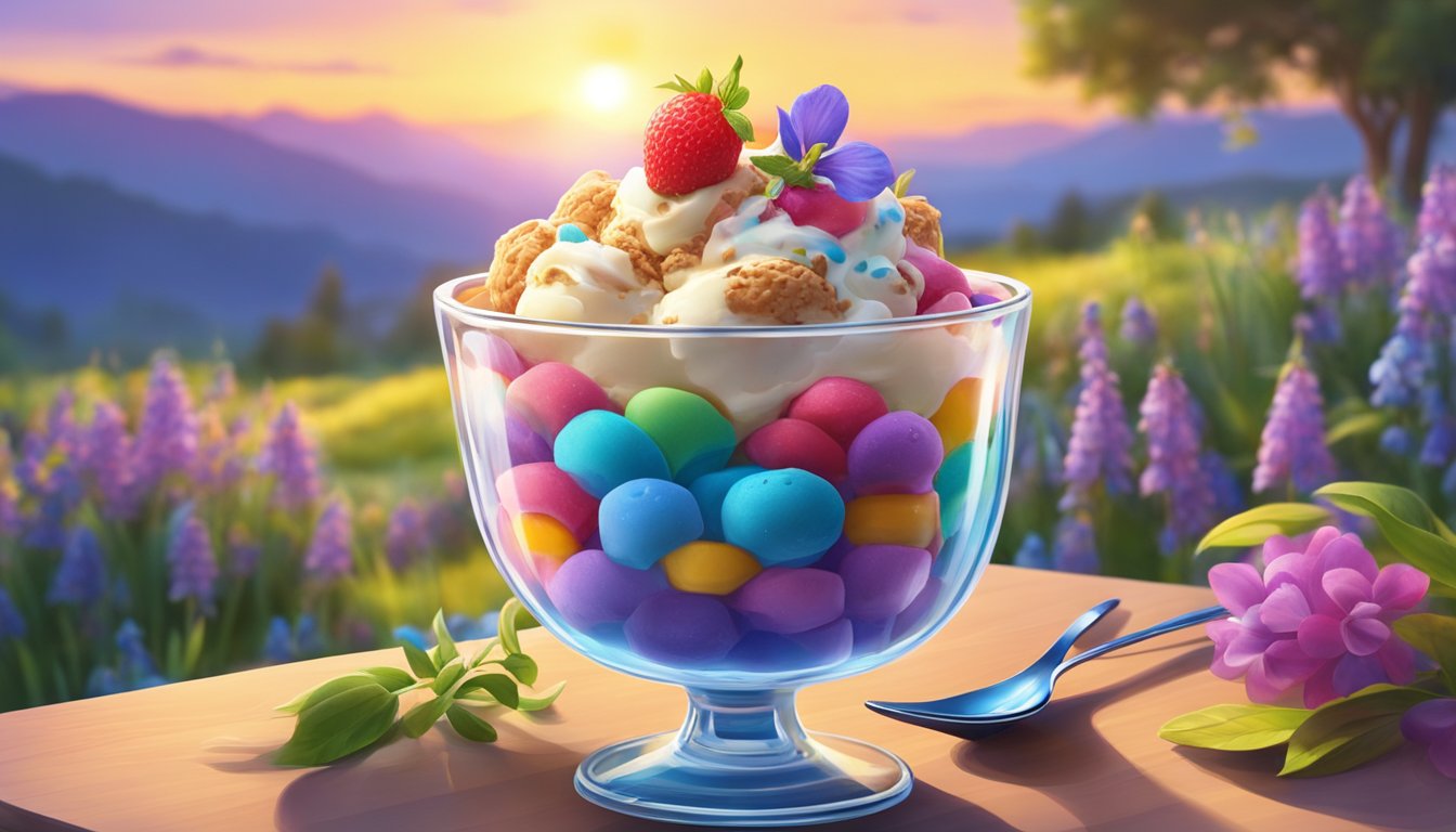 A colorful ice cream sundae sits on a table with a picturesque sunrise in the background, surrounded by vibrant bluebell flowers