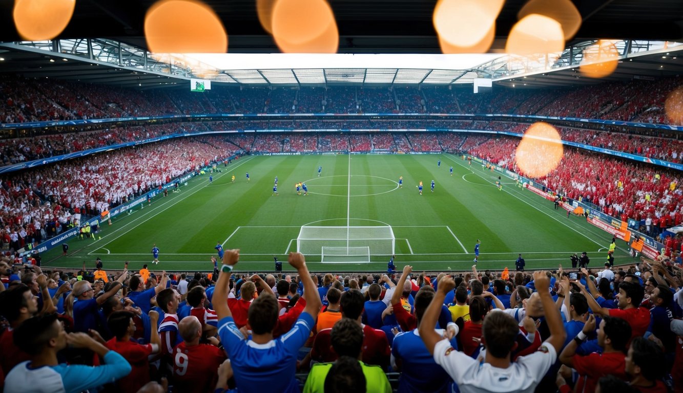 Sebuah stadion yang ramai dipenuhi dengan penggemar yang bersorak dan pemain di lapangan sepak bola