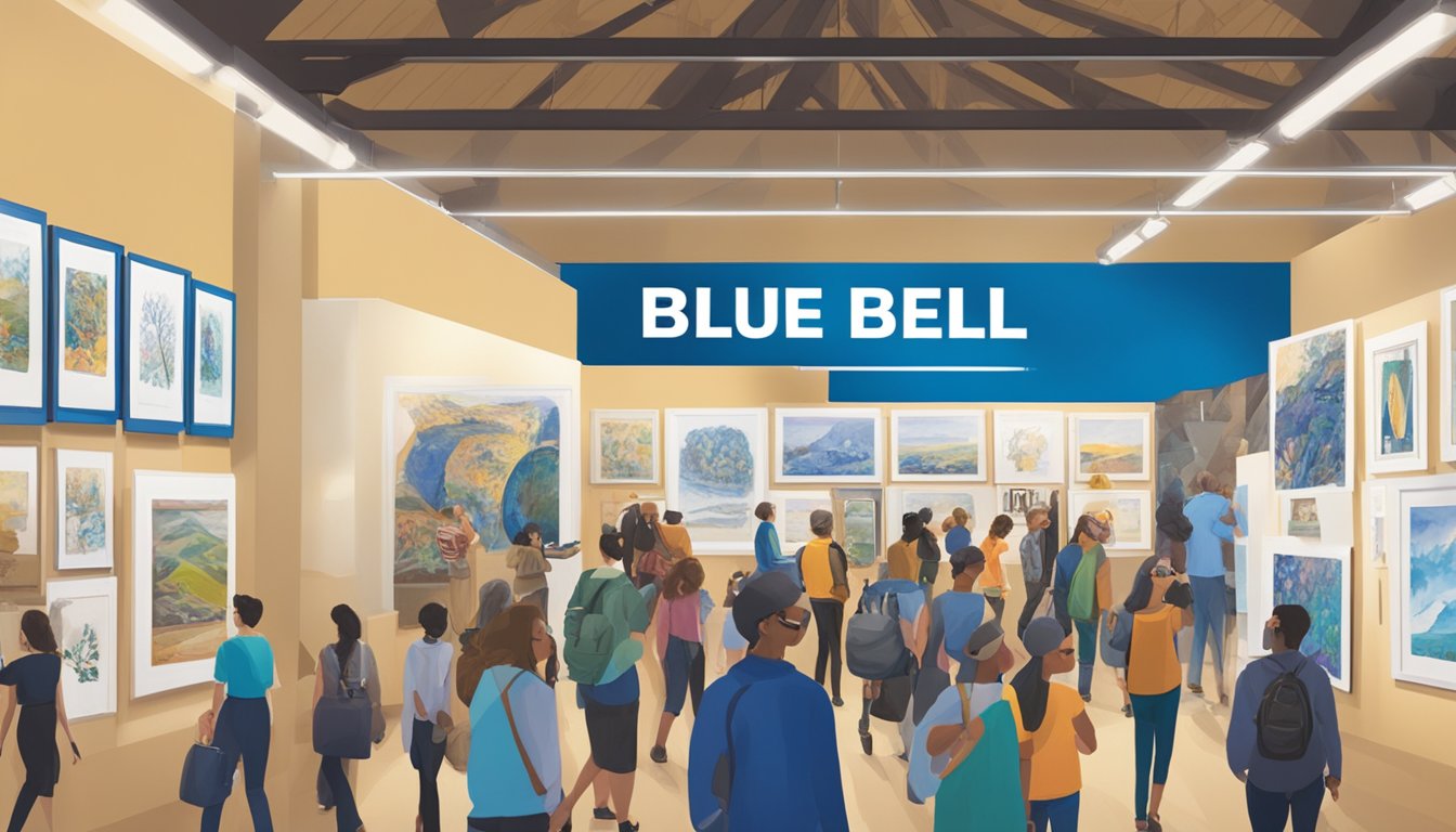 A bustling art exhibition with Blue Bell logos on sponsor banners alongside local artists' work