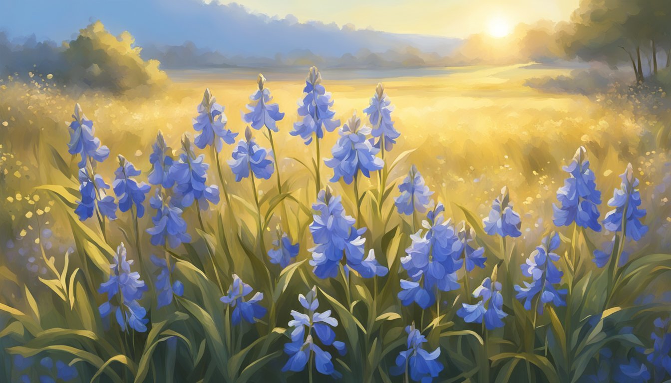 A serene field of vibrant blue bell flowers, bathed in golden sunlight, with a clear blue sky in the background