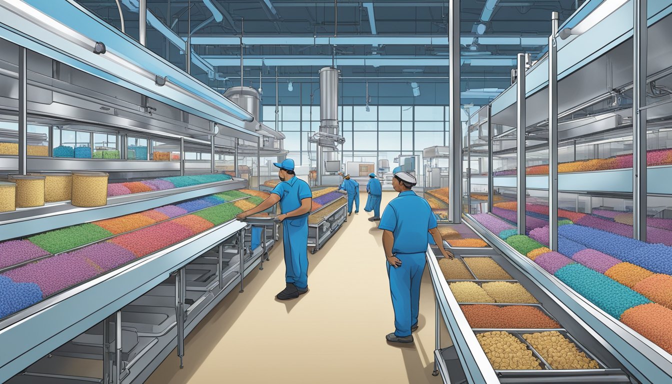 The bustling Blue Bell factory floor showcases a maze of machinery and conveyor belts, with workers diligently overseeing the production process. Vibrant packaging and colorful ice cream tubs line the shelves, offering a visual feast for the eyes