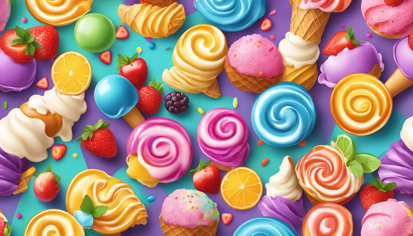 A colorful array of ice cream scoops arranged in a perfect swirl pattern, topped with vibrant sprinkles and fruit, set against a bright backdrop