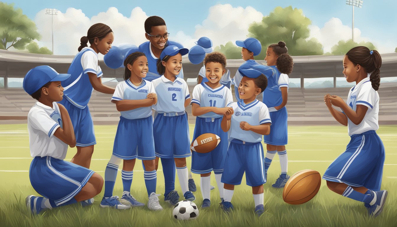 A group of children in sports uniforms receiving new equipment and uniforms from a Blue Bell representative at a local field