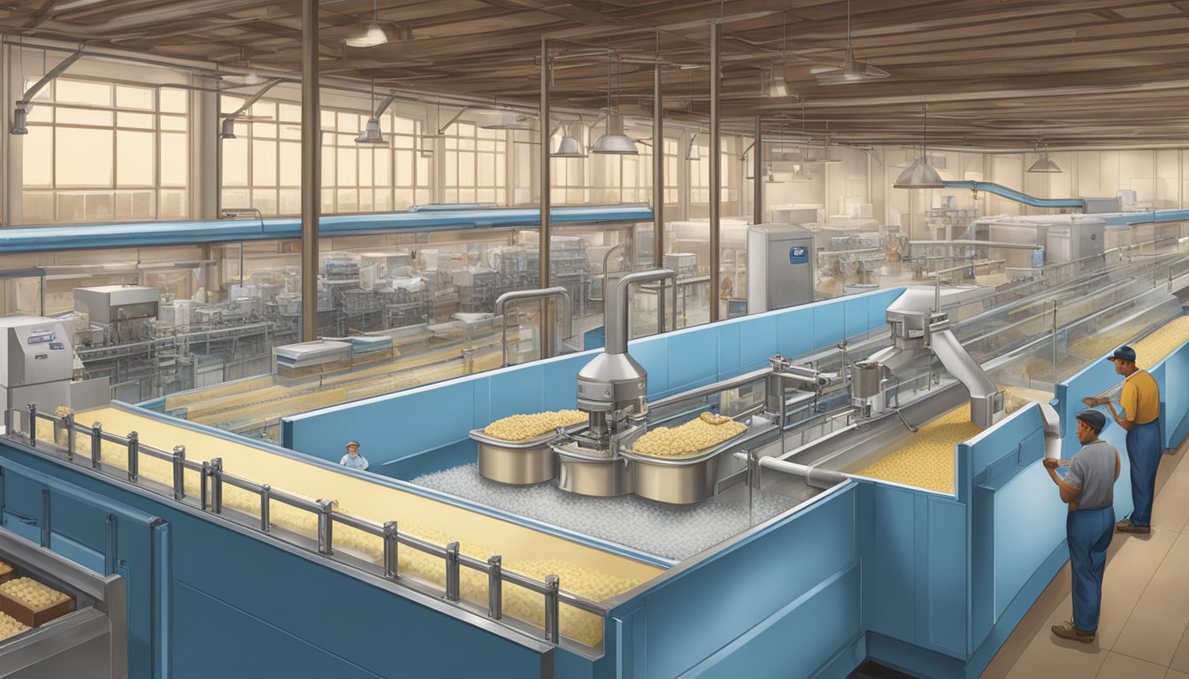 The Blue Bell Creameries factory hums with activity as workers oversee the production of delicious ice cream. Conveyor belts transport tubs of creamy goodness, while large machines churn and package the sweet treat