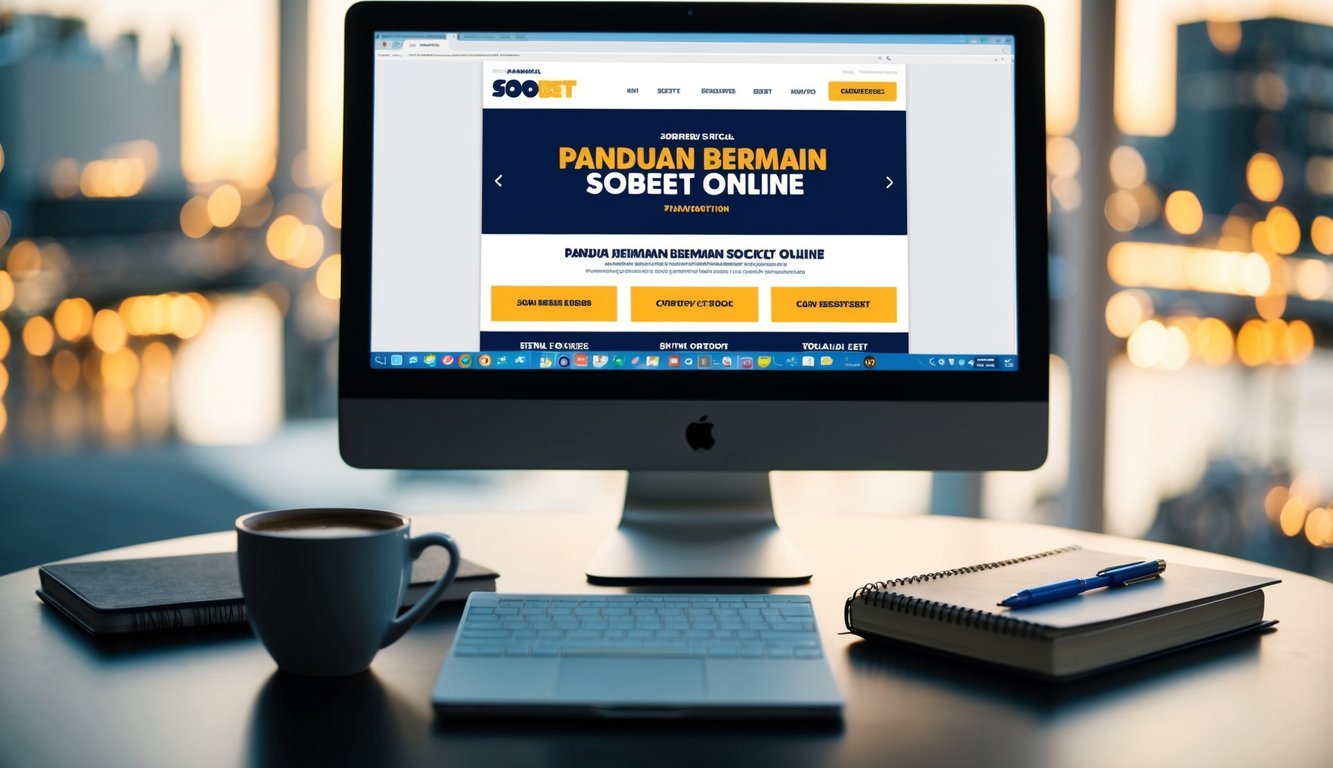 Sebuah layar komputer menampilkan sebuah situs web dengan judul "Panduan bermain sbobet online," dikelilingi oleh secangkir kopi dan sebuah buku catatan dengan sebuah pena.